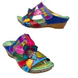 Socofy women's Boho colorful leather platform wedge sandals size 42/11